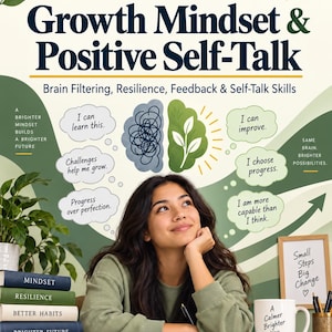May include: An educational poster titled Nobody Taught Me This Growth Mindset & Positive Self-Talk. It features a person, a stack of books labelled Mindset, Resilience, Better Habits, Brighter Future, and a mug with the text A Calmer Brighter You.