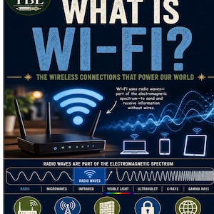 Può includere: Un'infografica educativa intitolata Science Everyone Should Know: What Is Wi-Fi? Il poster presenta un router wireless nero, un diagramma dello spettro elettromagnetico e icone che spiegano frequenze, interferenze di segnale, sicurezza e tecnologia.