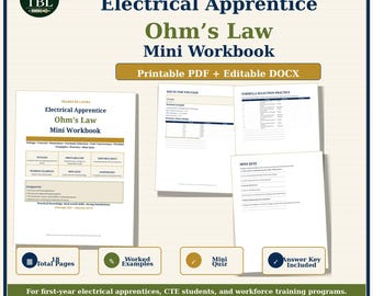 Mini-Arbeitsbuch zum Ohmschen Gesetz für Elektrolehrlinge | Druckbares PDF, bearbeitbares DOCX