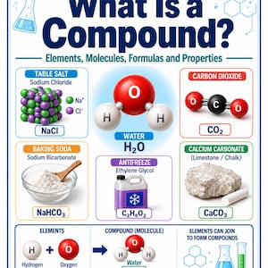 Op de afbeelding: Een educatieve poster getiteld What Is a Compound? met chemische diagrammen. Het toont moleculaire modellen voor water, kooldioxide en keukenzout, naast afbeeldingen van bakpoeder, antivries en calciumcarbonaat met hun bijbehorende chemische formules.