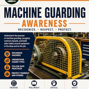 Può includere: Un poster educativo intitolato CTE SAFETY LESSON MACHINE GUARDING AWARENESS. Presenta una gabbia di sicurezza in metallo giallo su macchinari industriali, con sezioni di testo su pericoli, protezioni e sicurezza sul lavoro.