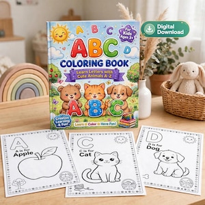 Könnte beinhalten: Ein ABC-Malbuch mit einem bunten Einband, der einen Bären, eine Katze und einen Hund zeigt, sowie drei schwarz-weiße Arbeitsblätter mit einem Apfel, einer Katze und einem Hund. Das Buchcover enthält den Text ABC Coloring Book, Learn Letters with Cute Animals A-Z und Creative Learning & Fun.