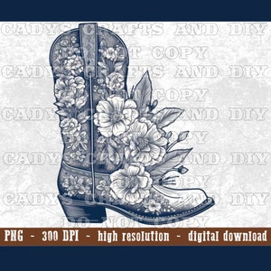 Western Floral Boot, Navy, PNG, Digital Design, High Resolution File