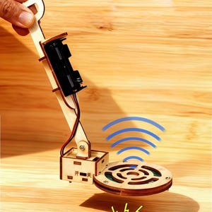 May include: A wooden DIY science kit featuring a battery holder, a small circuit board, and a circular base with a laser-cut grid pattern. The base has the Chinese characters 开 and 关 printed on it. Blue signal waves and yellow lightning icons are visible.