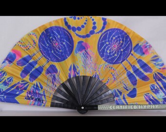UV Reactive Clack Fan w/ Glow in the Dark Sticker UV Orange Printed Design includes FREE Mini Black light Free Shipping