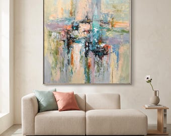 Pastel Urban Abstract Painting, Aqua Peach Cityscape Canvas Wall Art, Large Textured Oil Painting for Modern Living Room Decor