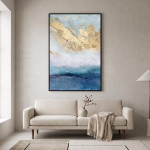 Blue Gold Horizon Abstract Painting, Large Coastal Canvas Wall Art, Original Texture Oil Painting for Luxury Living Room & Bedroom Decor