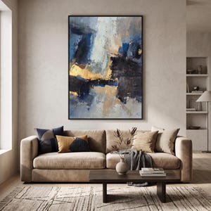 Moody Blue Beige Abstract Painting, Deep Textured Modern Canvas Wall Art, Large Gold Leaf Oil Painting for Living Room