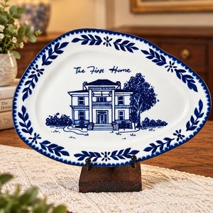 May include: An irregular oval-shaped white ceramic plate featuring a blue hand-painted illustration of a two-storey house with a porch and a large tree. The text "The First Home" is written in blue script above the house, and the border has a blue leaf pattern.