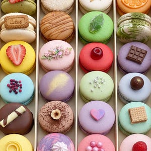 Puede incluir: Una caja de veinticuatro macarons variados dispuestos en cuadrícula, con diversos colores, texturas y coberturas que incluyen fruta fresca, trozos de chocolate, flores comestibles y perlas. La caja lleva el texto Atelier Macaron Paris.