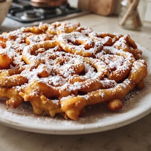 May include: A golden-brown funnel cake with a circular, tangled dough pattern, generously dusted with white powdered sugar. The fried pastry features a crispy, uneven texture and is served on a plain white plate, highlighting its intricate, swirled shape.