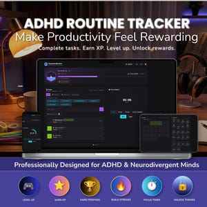 May include: An ADHD routine tracker software interface displayed on a laptop, smartphone, and tablet. The screen shows task lists, a focus timer, and progress bars with the text ADHD ROUTINE TRACKER, Make Productivity Feel Rewarding, and more.