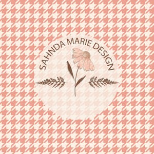 May include: A pink and white houndstooth pattern background with a white circle containing a floral design and the text "Sahnda Marie Design".