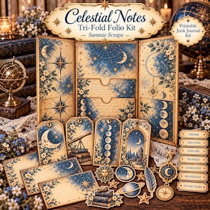 Celestial Notes Tri Fold Folio Kit, Vintage Celestial Junk Journal Printable, Moon and Stars Ephemera, Pockets, Tags, Digital Download