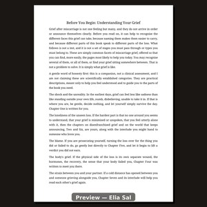 May include: A white page with black text titled Before You Begin: Understanding Your Grief. The text discusses facets of miscarriage grief, including shock, loneliness, blame, physical recovery, and relationship strain. The bottom includes Preview - Elia Sal.