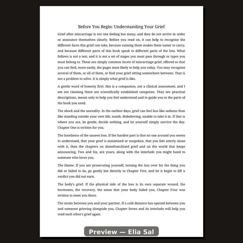 May include: A white page with black text titled Before You Begin: Understanding Your Grief. The text discusses facets of miscarriage grief, including shock, loneliness, blame, physical recovery, and relationship strain. The bottom includes Preview - Elia Sal.