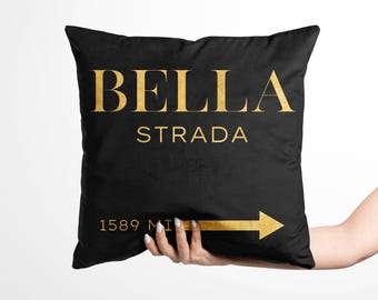 Bella Strada Sign Black and Gold Velvet Throw Pillow