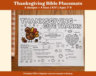 May include: A white paper placemat featuring Thanksgiving-themed activities including a word search, a Bible quiz, a heart-shaped maze, and tic-tac-toe. The sheet includes a colorful turkey illustration, the text THANKSGIVING GIVE THANKS, and Psalm 107:1.
