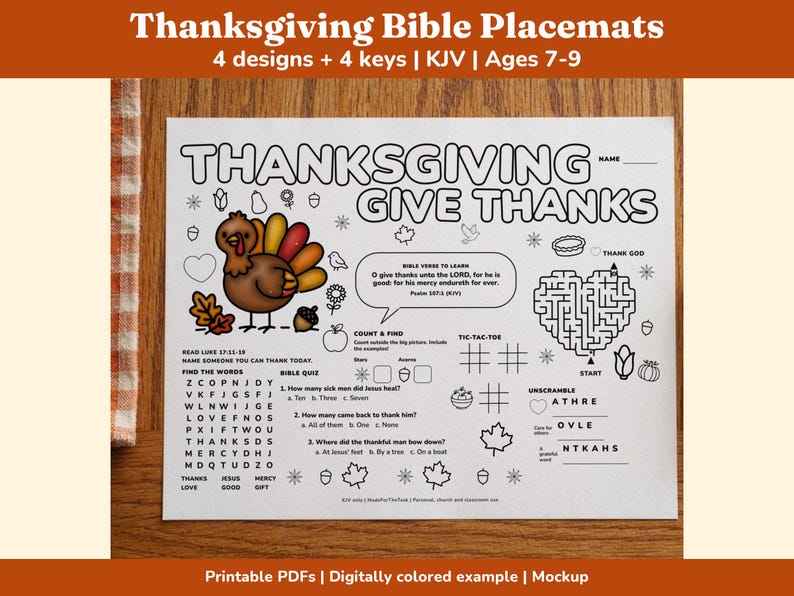 Thanksgiving Bible Activity Placemats Printable, 4 KJV Sunday School Mats image 1