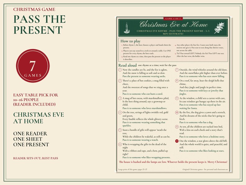 Christmas Pass the Present Game Printable, 7 Left Right & Rhyme Games image 1