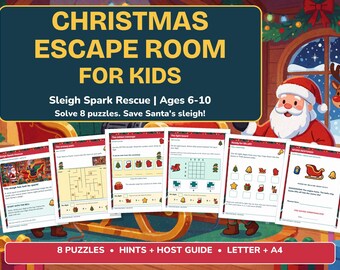 Könnte beinhalten: Ein Weihnachts-Escape-Room-Spiel für Kinder namens Sleigh Spark Rescue mit 8 Rätseln zum Lösen. Das Set enthält gedruckte Seiten mit Labyrinthen, Zuordnungsspielen und Logikaufgaben sowie einen Gastgeber-Leitfaden. Der Text lautet Christmas Escape Room For Kids, Sleigh Spark Rescue, Ages 6-10, Solve 8 puzzles. Save Santa's sleigh, und 8 Puzzles, Hints, Host Guide, Letter, A4.