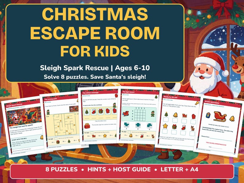 Christmas Escape Room Kids Printable, Sleigh Spark Rescue for Ages 6-10 image 1