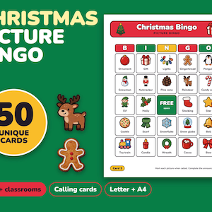 May include: A Christmas Picture Bingo game set featuring 50 unique cards. The game board displays a grid with festive icons like ornaments, gifts, gingerbread, and a free space. Includes calling cards, with text reading Christmas Picture Bingo, 50 Unique Cards, Kids + classrooms, Calling cards, Letter + A4.