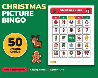Peut inclure: Un jeu de bingo d'images de Noël comprenant 50 cartes uniques. Le plateau de jeu affiche une grille avec des icônes festives comme des ornements, des cadeaux, du pain d'épices et un espace libre. Inclut des cartes à tirer, avec le texte Christmas Picture Bingo, 50 Unique Cards, Kids + classrooms, Calling cards, Letter + A4.