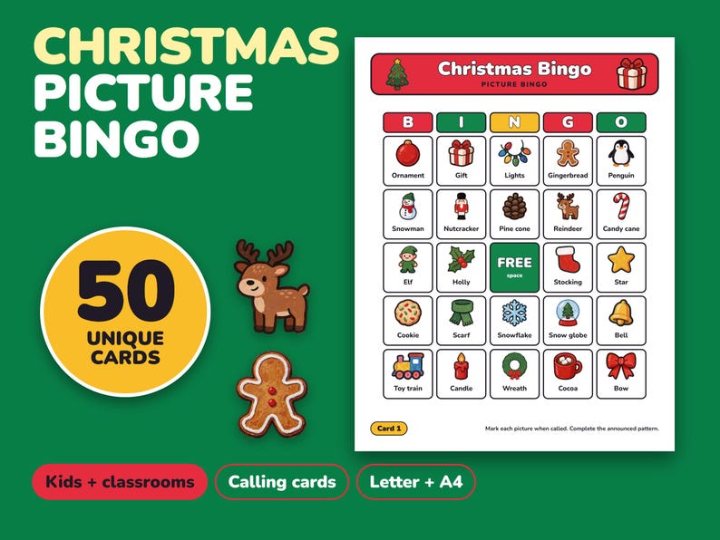 Christmas Bingo Printable for Kids, 50 Bingo Cards and Memory Game image 1