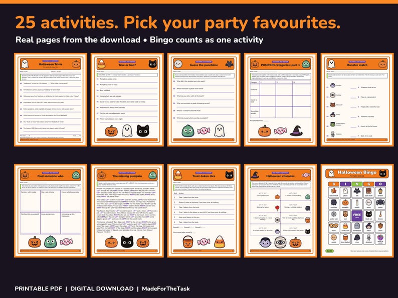 Halloween Party Games Bundle Printable, 25 Activities and Picture Bingo image 2