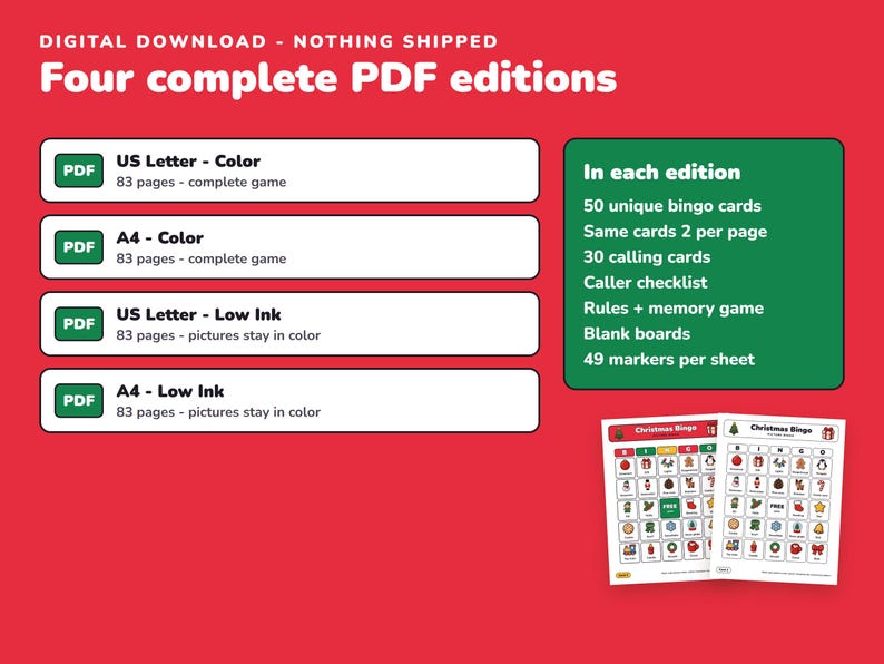 Christmas Bingo Printable for Kids, 50 Bingo Cards and Memory Game image 7