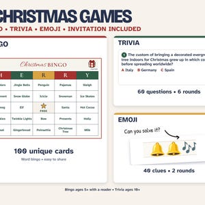 Christmas Games Printable Bundle, Bingo, Trivia, Emoji & Invitation