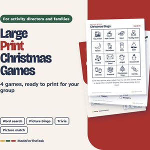 Christmas Games for Seniors, Large Print Bingo & Puzzles (Printable) image 1