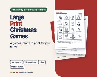 May include: A set of printable Christmas game sheets including a Picture Bingo card with sixteen icons like a toy train, hot cocoa, and snowman. The text reads Large Print Christmas Games, 4 games, ready to print for your group, Word search, Picture bingo, Trivia, Picture match, and MadeForTheTask.