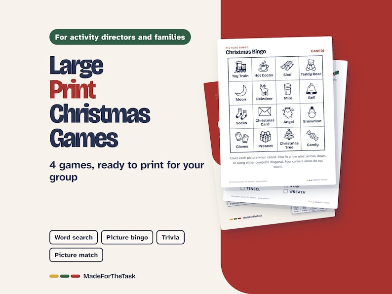 Christmas Games for Seniors, Large Print Bingo & Puzzles (Printable) image 1