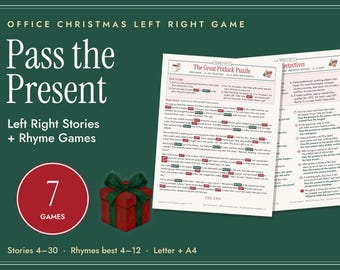 Könnte beinhalten: Ein Set aus druckbaren Büro-Weihnachtsfeier-Spielen mit dem Titel Pass the Present, bestehend aus Links-Rechts-Geschichten und Reimspielen. Der dunkelgrüne Hintergrund zeigt weißen Text, einen roten Kreis mit der Zahl 7, ein rotes Geschenk und zwei weiße Spielblätter.