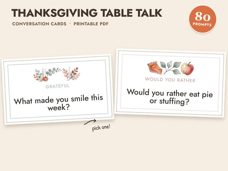 Thanksgiving Conversation Cards Printable, 80 Table Talk Prompts image 1