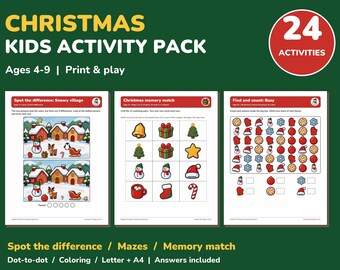 Könnte beinhalten: Ein Weihnachts-Aktivitätenpaket für Kinder mit 24 Aufgaben für 4- bis 9-Jährige. Das Set enthält drei druckbare Seiten mit einem Suchbild-Spiel, einem Weihnachts-Memory-Kartenspiel und einer Zählaufgabe für festliche Motive.