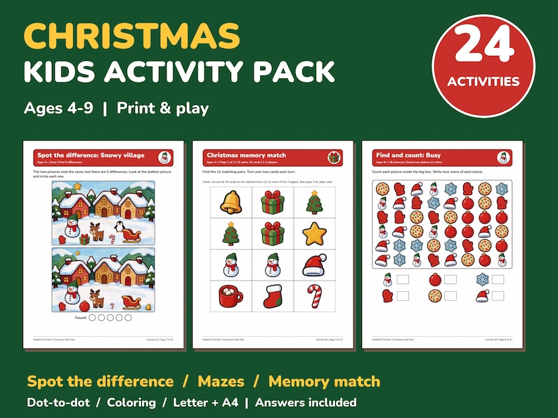 Christmas Activity Pack for Kids Printable, 24 Games and Coloring Pages image 1
