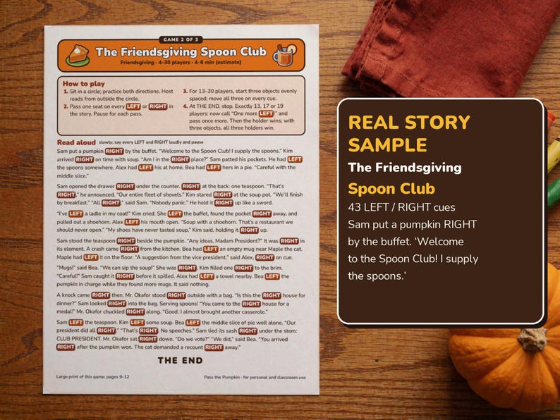 Thanksgiving Left Right Game Printable PDF, 3 Pass the Pumpkin Stories image 3