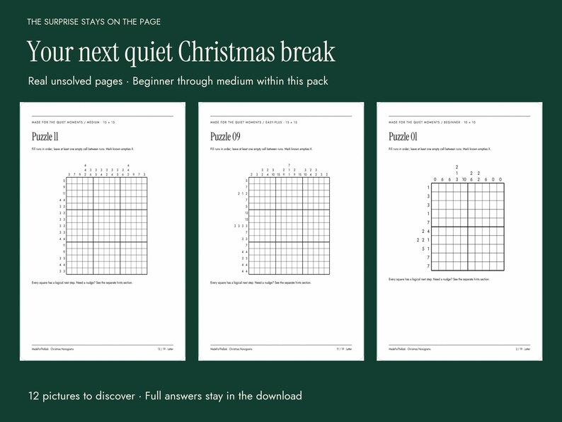 Christmas Nonogram Puzzles Printable, 12 Picture Logic Puzzles with Hints image 6