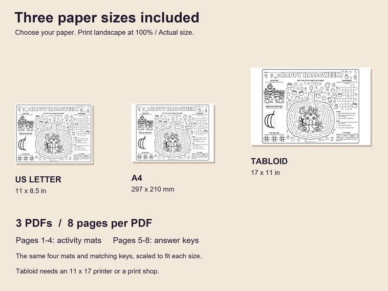 Halloween Activity Placemats Printable, 4 Different Kids Mats with Answer Keys image 5