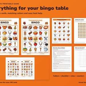 Printbare Thanksgiving Bingo-kaart, 100 afbeeldingen met bingoleiders en markers. afbeelding 2