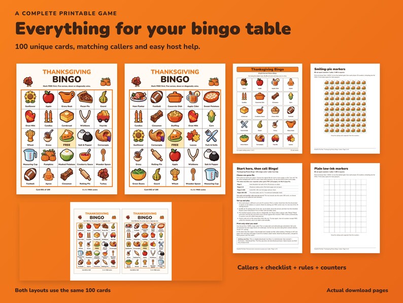 Printbare Thanksgiving Bingo-kaart, 100 afbeeldingen met bingoleiders en markers. afbeelding 2