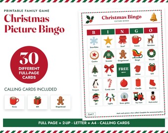 Könnte beinhalten: Ein druckbares Weihnachts-Bilder-Bingo-Spiel mit 30 verschiedenen ganzseitigen Karten und Ziehkarten. Das Spielbrett enthält ein Raster mit Urlaubssymbolen wie Schneeflocke, Stern, Schal, Kakao, Rentier, Keks, Pullover, Lebkuchen und Schlitten.