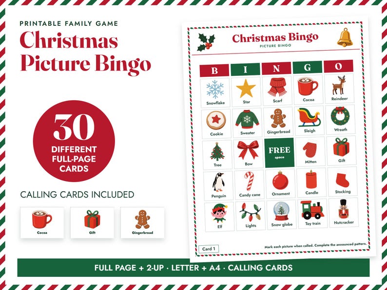 Christmas Picture Bingo Printable, 30 Classic Family Cards image 1