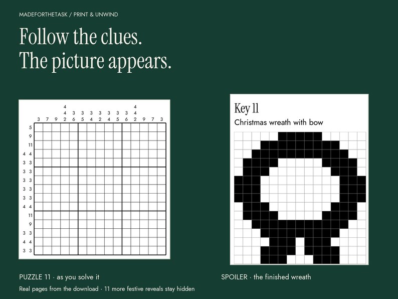 Christmas Nonogram Puzzles Printable, 12 Picture Logic Puzzles with Hints image 2