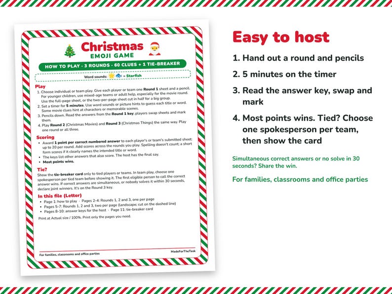 Christmas Emoji Game Printable, 3 Rounds, 60 Clues + Tie-Breaker image 4