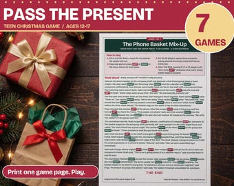 Puede incluir: Una hoja de juego imprimible titulada Pass The Present con las instrucciones de The Phone Basket Mix-Up. El documento incluye texto, un regalo rojo con lazo dorado y una bolsa de papel marrón con papel de seda verde y lazo rojo.