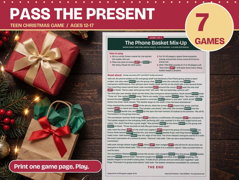 Teen Christmas Pass the Present Game, Left Right Printable image 1